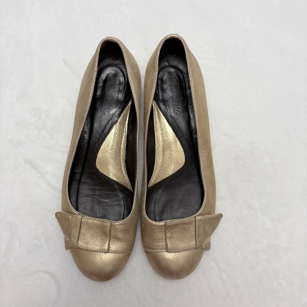 Faconnable Gold Metallic‎ Leather Bow Ballet Flats Made in Italy Womens Size 8 W